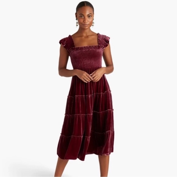 BNWT Hill House The Ellie Nap Dress Red Burgundy Pink Rose Velvet NWT XS - Picture 1 of 3